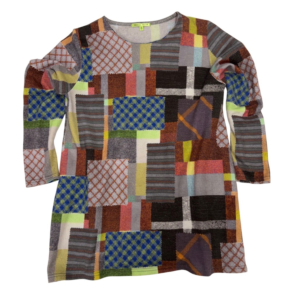 Trisha Tyler Patchwork Knit Sweater Medium Artsy Plaid Colorblock Abstract
